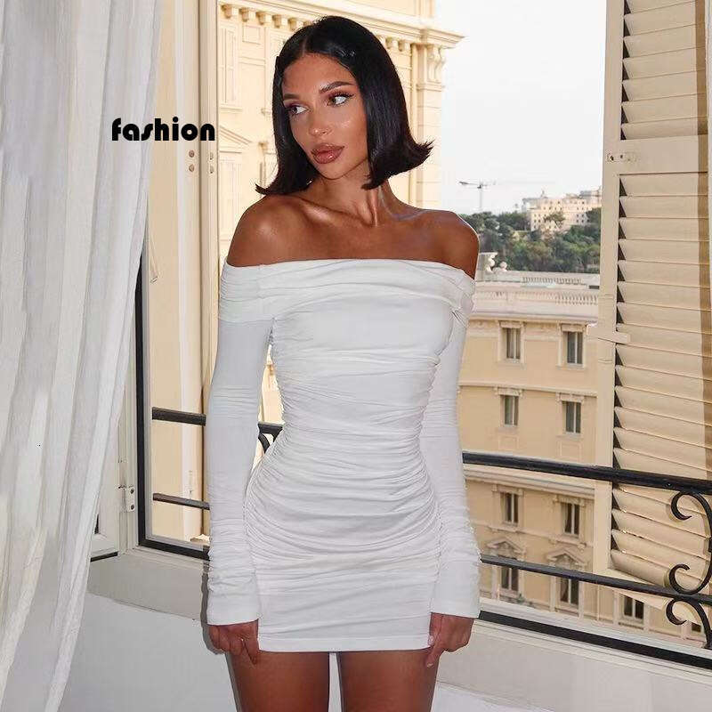 Autumn Winter New Hot Girl Off-Shoulder Knitted Long Sleeve Bodycon Ruched High-End Dress B5 g7