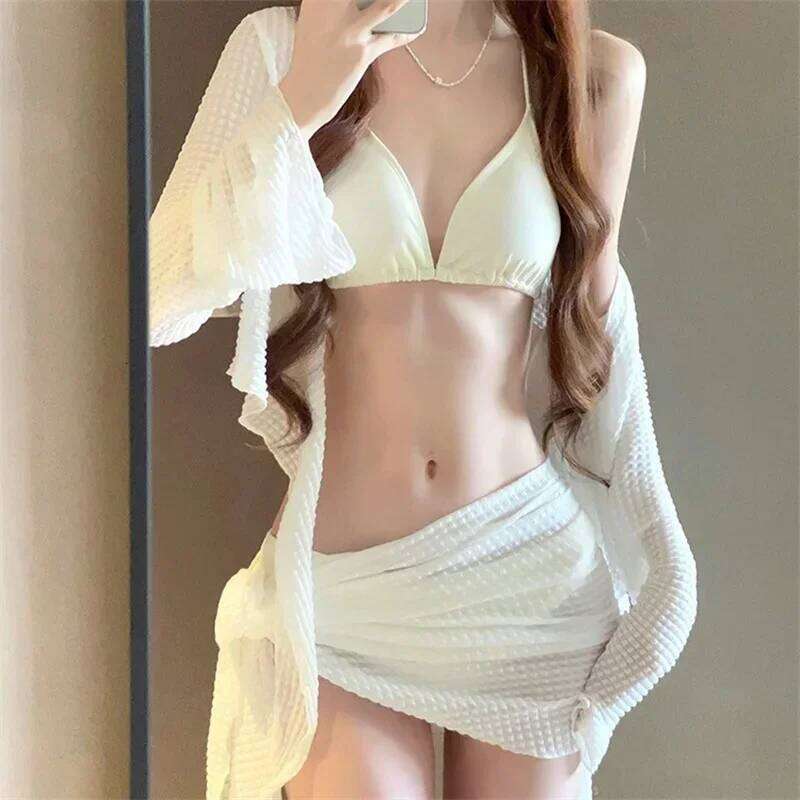 Korea Style Women 4 Piece White Black Long Sleeve Front Tie Cover Up Skirt Swimsuit 2025 Bathing Suit Holiday Swimwear