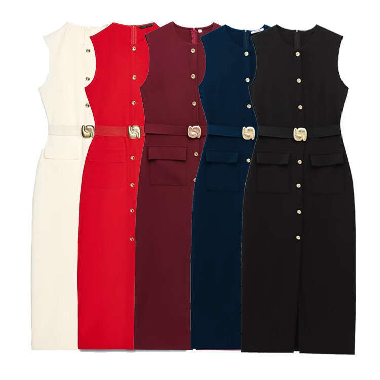 TRAFZA American Round Neck Spring New Style Belted Sexy Sleeveless Midi Dress B5