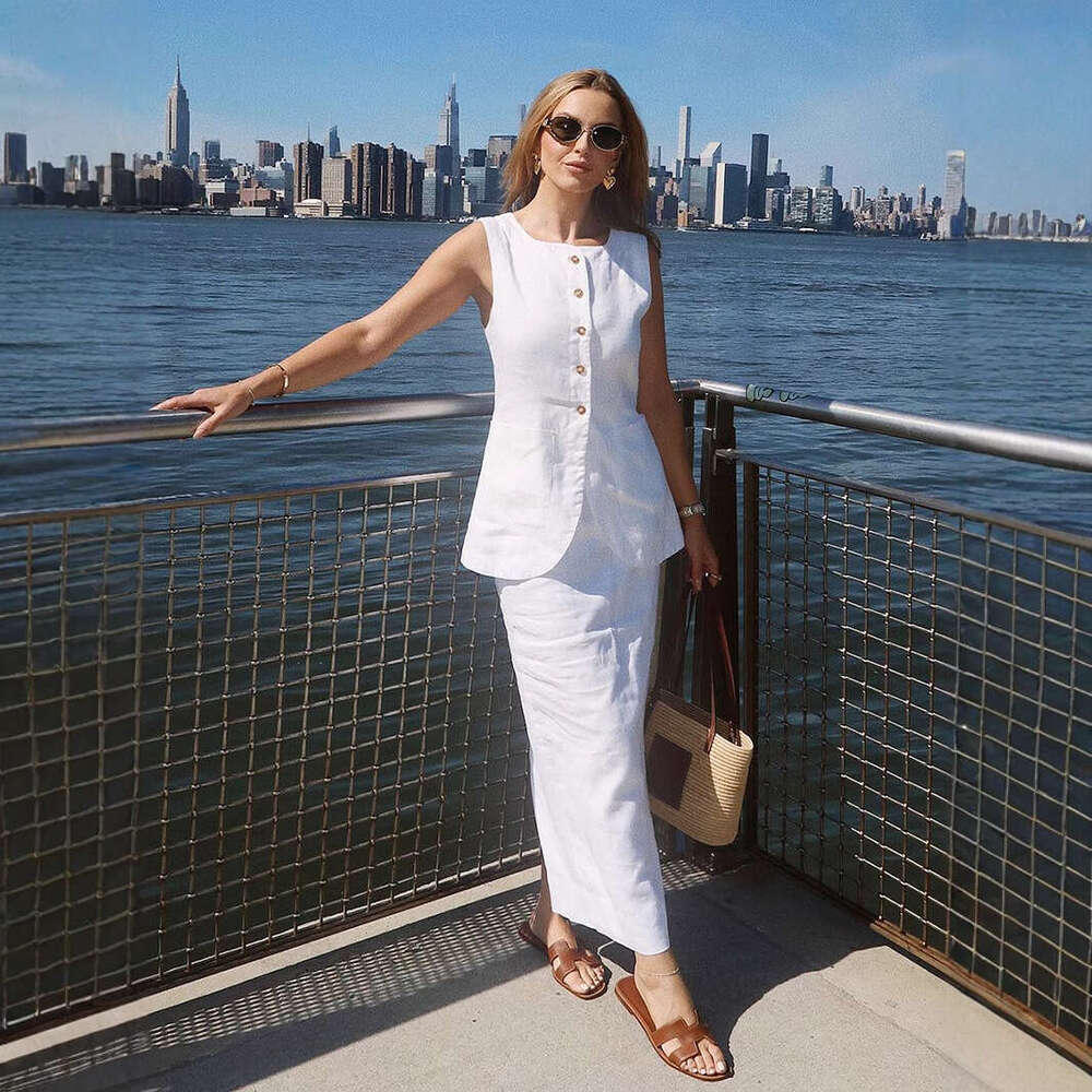 Minimalist Sleeveless Vest And High-Waisted Skirt Set Spring/Summer New Linen Casual Outfit For Women B5