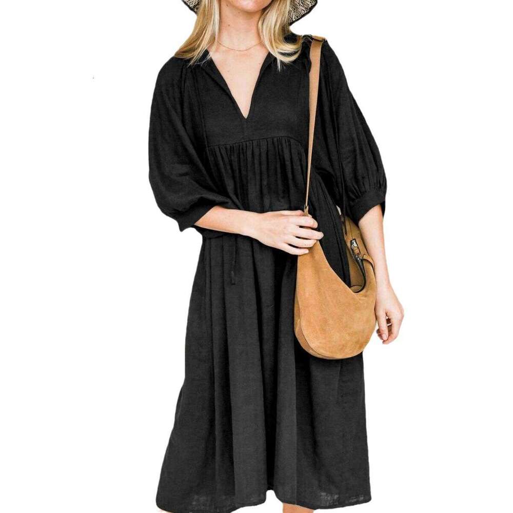 Autumn New Large Size Loose Lantern Sleeve Casual Solid Color Long Dress B5
