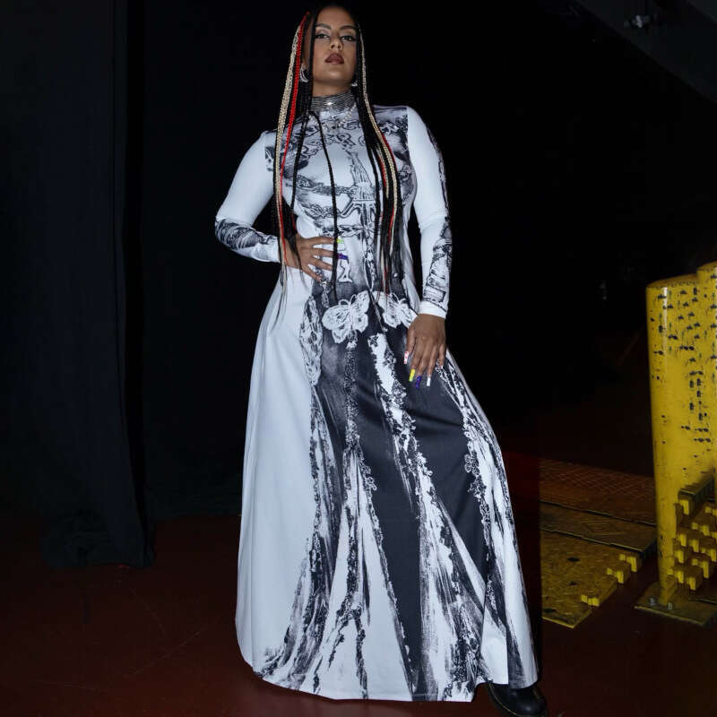 Autumn New Women's High Neck Sleeve Black Printed Halloween Dress Long Style B5 g7