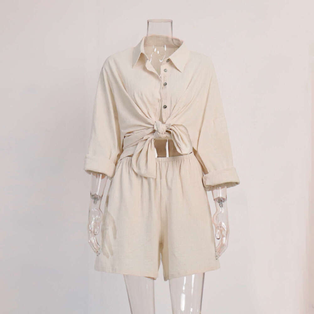 Summer New Women's Vacation Casual Loose Long Sleeve Shirt + Shorts Set B5