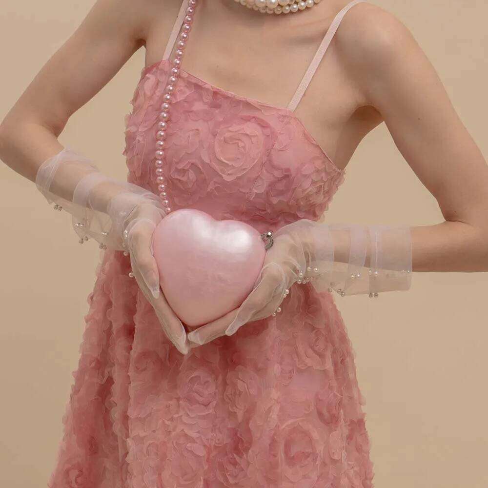 Women Acrylic Mini Marble Pink Small Heart Evening Clutch Bag With Beaded Strap For Wedding Party Purse And Handbag