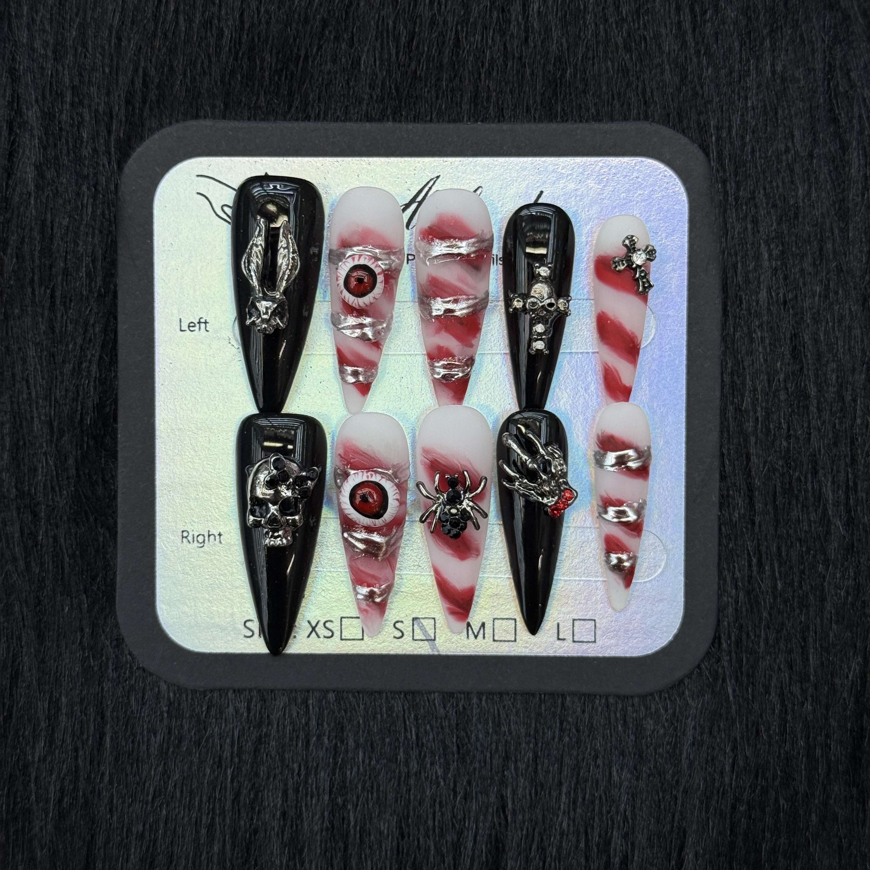 False Nails 10pcs Extra Long Stiletto Black Red White Swirl Gothic Halloween Nail Art with Skull Spider Rhinestones Full Cover Press On DIY Handmade p
