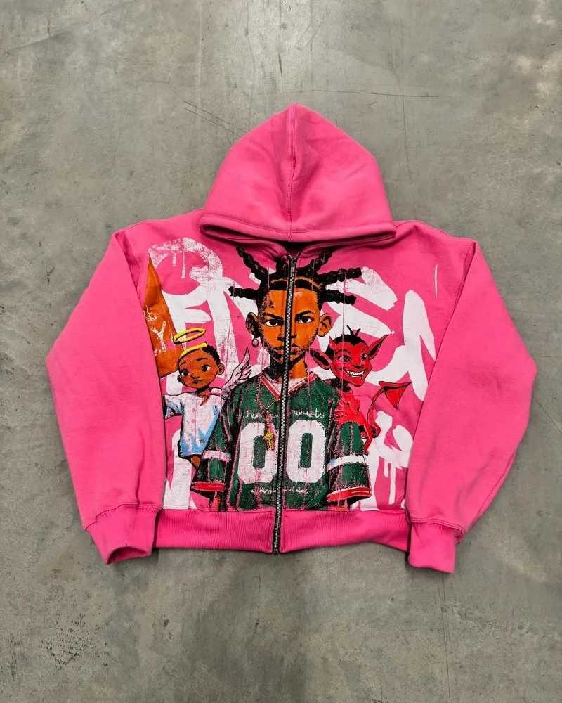 European and American Trendy Brand Hip-hop Cartoon Printed Fashion Zipper Hoodie Men Y2k Goth Hip-hop Oversized Sweatshirt Women X2507181