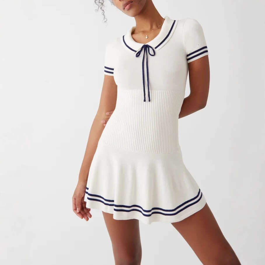 Yu Shuxin Same Summer New College Style Striped Knitted Short Sleeve Girl Polo Collar Dress A-Line Skirt B5