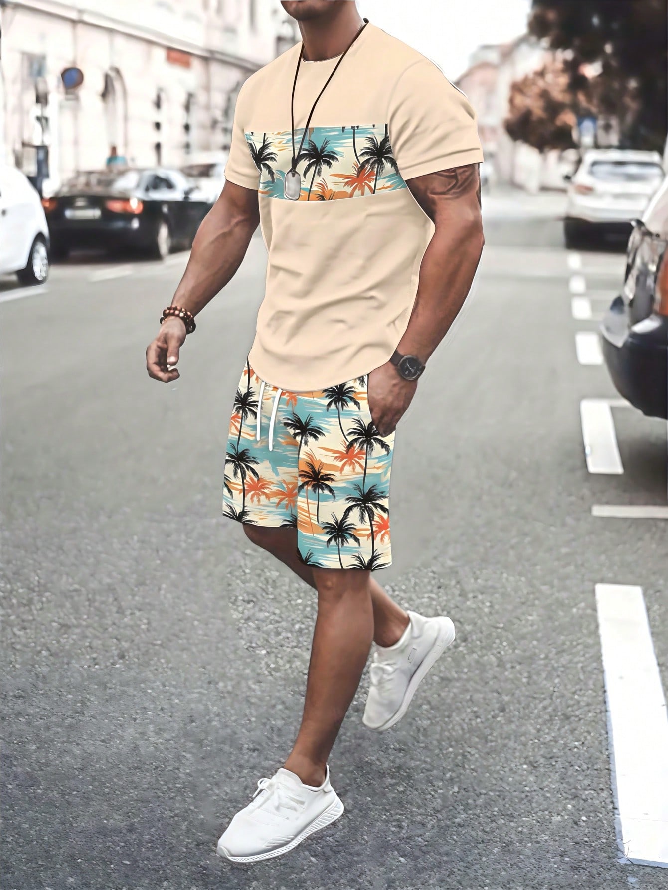 Men's Casual Patchwork Coconut Tree Print Round Neck Short Sleeve T-Shirt And Shorts Set, Summer Vacation Outfits For Men Beach Vacation Outfits