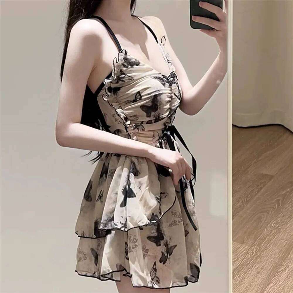 Vintage Butterfly Print Korean Swimwear Backless One Piece Swimsuit Holiday Mini Dress Culottes Ruffled Mesh Bodysuit Beach Wear