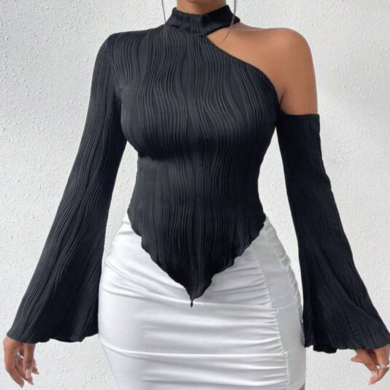 Spring New Women's Fashion Striped Sexy Street Style Long Sleeve Asymmetrical Neck Halter T-Shirt B5