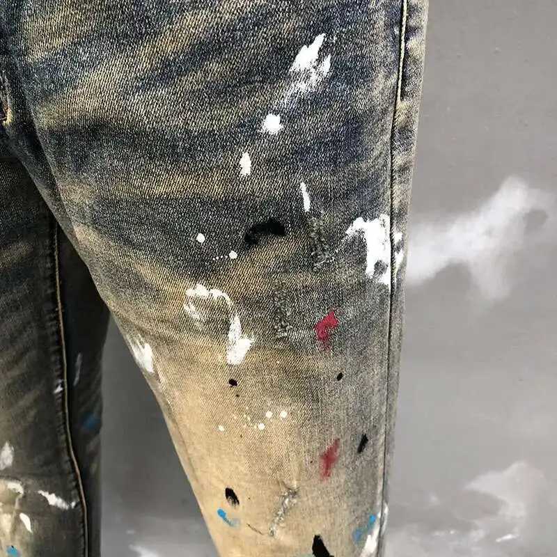 Old Wash Water Stretch Jean Skinny Tapered Trouser New Retro Splash Ink Jean Hombre Patch Biker Streetwear Ripped Denim Pants X250718