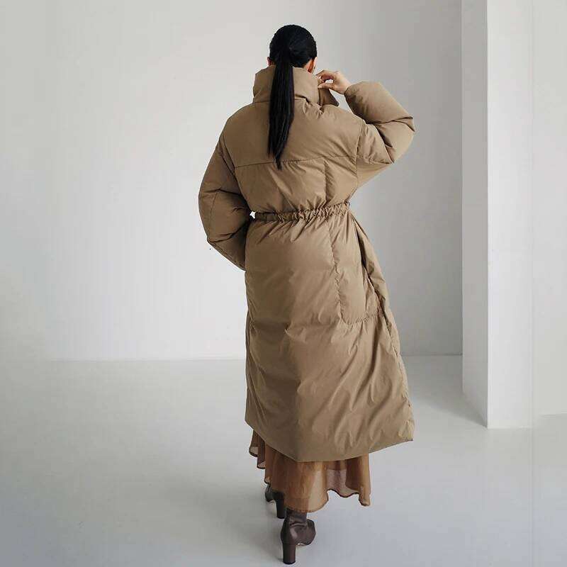 Winter New Stand Collar Jackets Loose Belt Long Sleeve Coat Fashion Solid Cotton Padded Warm Down Overcoat Women MDNG