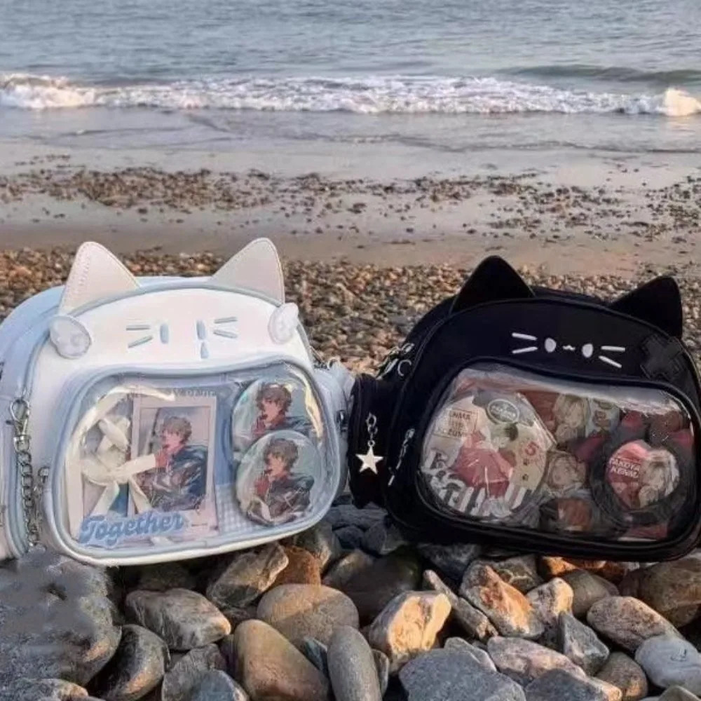 Y2K Korean Kawaii Cat Lolita Bag Cute PU Shoulder Bag Girls Transparent Pocket Harajuku Crossbody Bag Womens Fashion Backpacks 250714