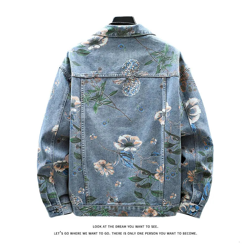 Vintage Floral Print Denim Jacket Mens Distressed Coat Streetwear Loose Fit Long Sleeve Jackets Korean Bomber Jeans Jacket 250717