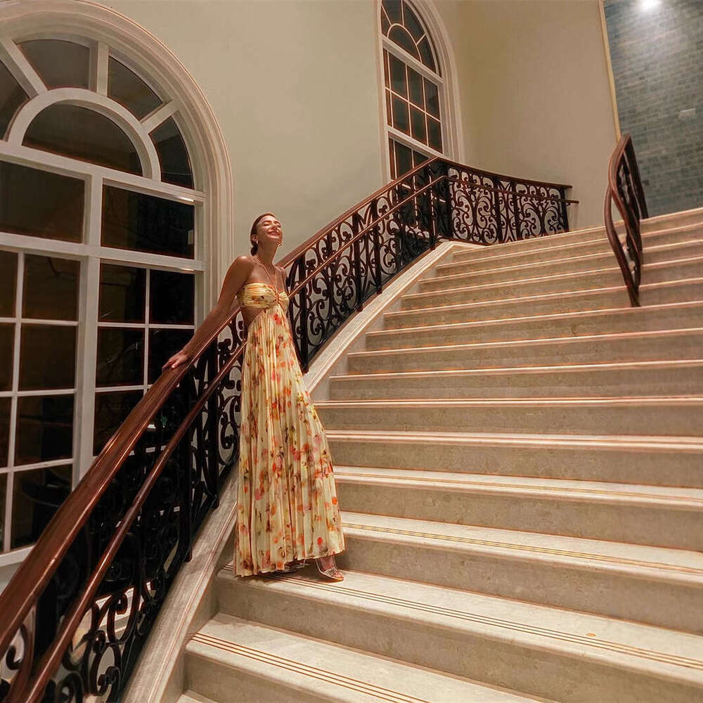 New French Style Printed Halter Spring Summer Ruched Elegant Beach Vacation Strap Long Dress B5