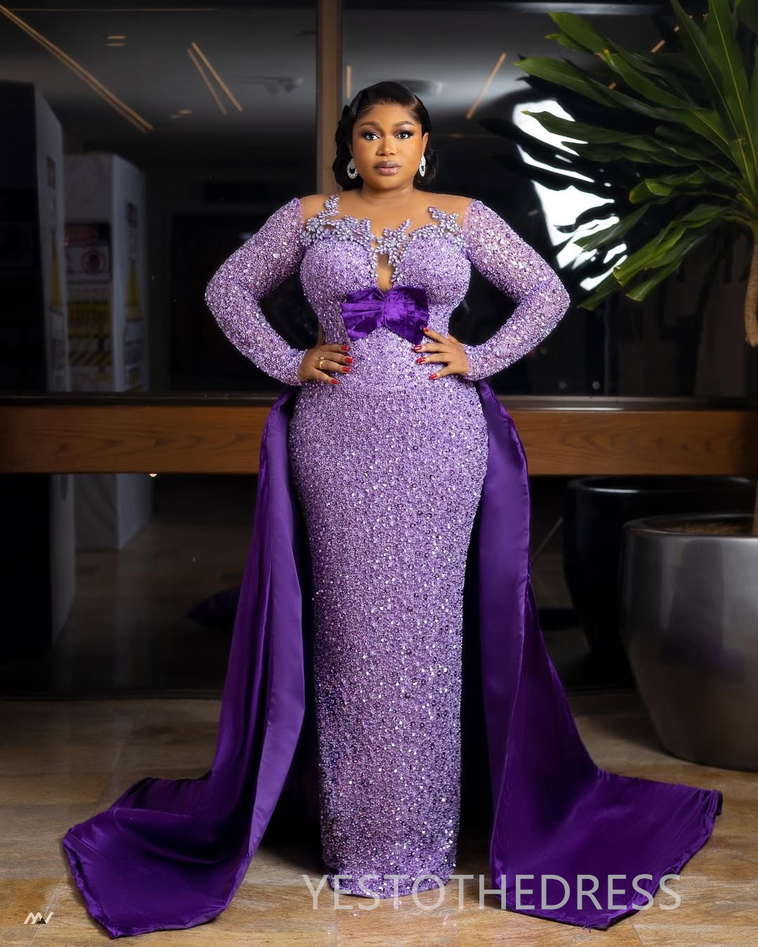 2025 Plus Size Light Purple Aso Ebi Prom Dress Mermaid Prom Dresess Evening Formal Gowns Sheer Neck Sequin Lace Birthday Second Reception Gown For Bla