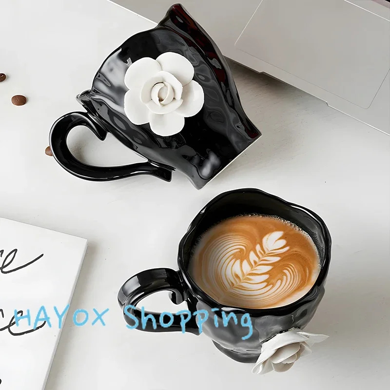 Lanjia French Camellia Ceramic Mugs D White Rose Breakfast Milk Coffee Cup Saucer Set High Quality Kitchen Drinkware B B A