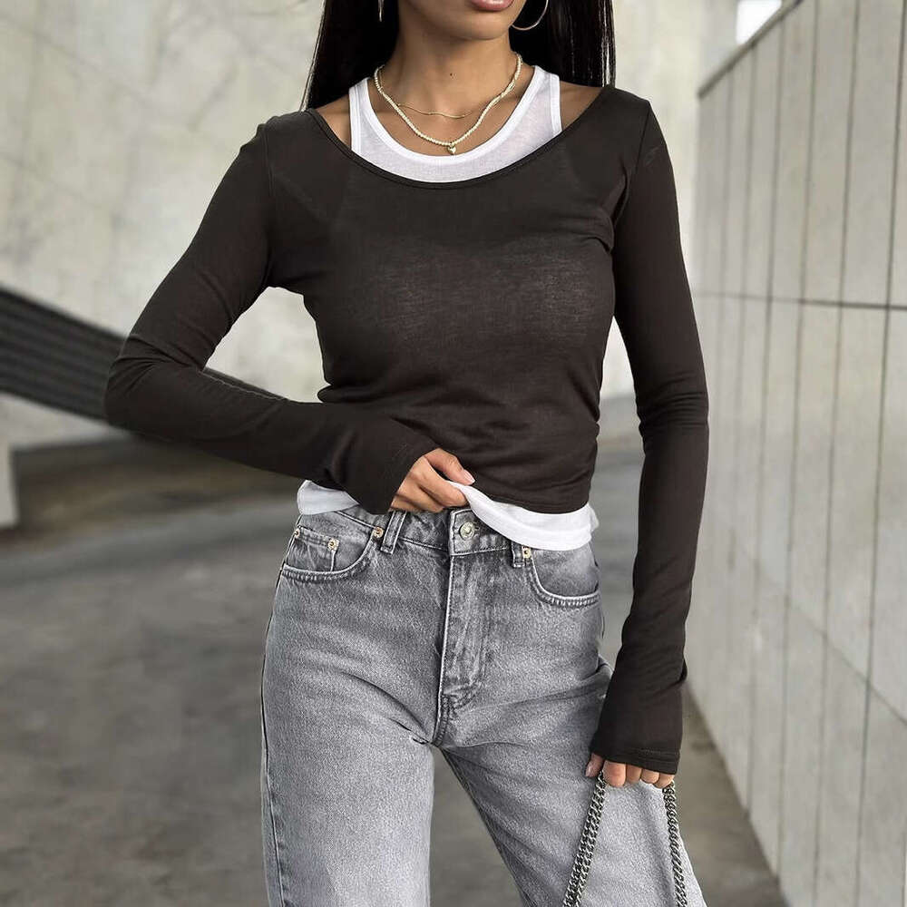 Color Block Fake Two-Piece Long Sleeve T-Shirt For Women Spring And Autumn Slimming Modal Layering Base Shirt B5