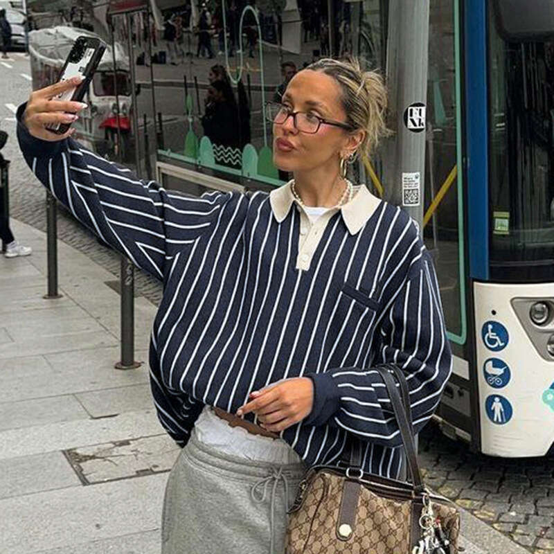 American Street Style Striped Polo Collar Loose Casual Sweatshirt Trendy Brand Hot Girl Lazy Color Block Top B5