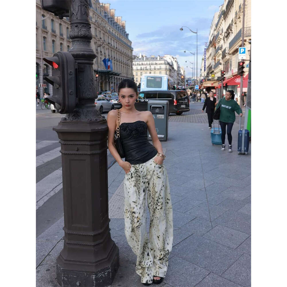 American Style Washed Leopard Print Jeans For Women Street Fashion Wide Leg Floor-Length Loose Casual Pants B5