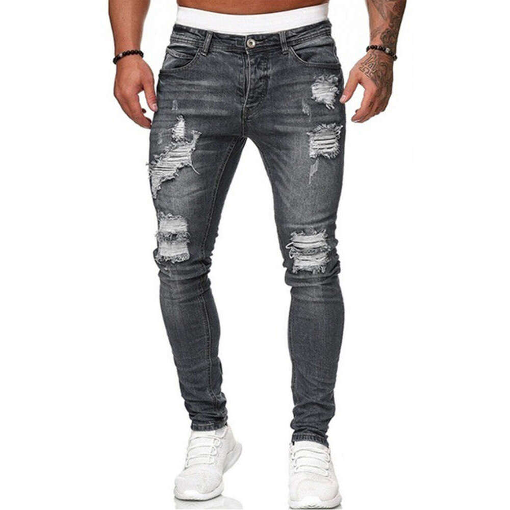 New Casual Slim Fit Small Foot Men's Fashion Ripped Jeans B5