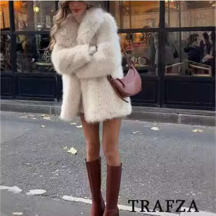 TRAFZA Women's Spring And Autumn New Style Plus Size Loose Fashion Long Faux Fur Coat Jacket B5