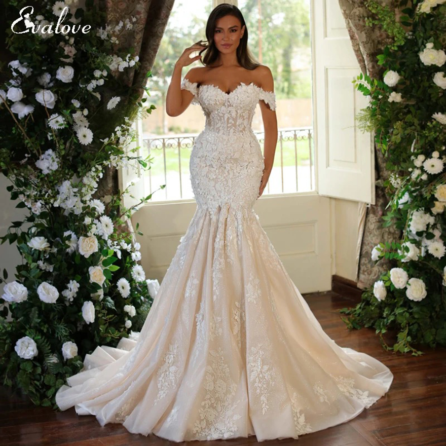 Customized Romantic Sweetheat Lace Up 3D Flowers Mermaid Wedding Dress Sexy Off-Shoulder Appliques Beading Trumpet Bridal Gown