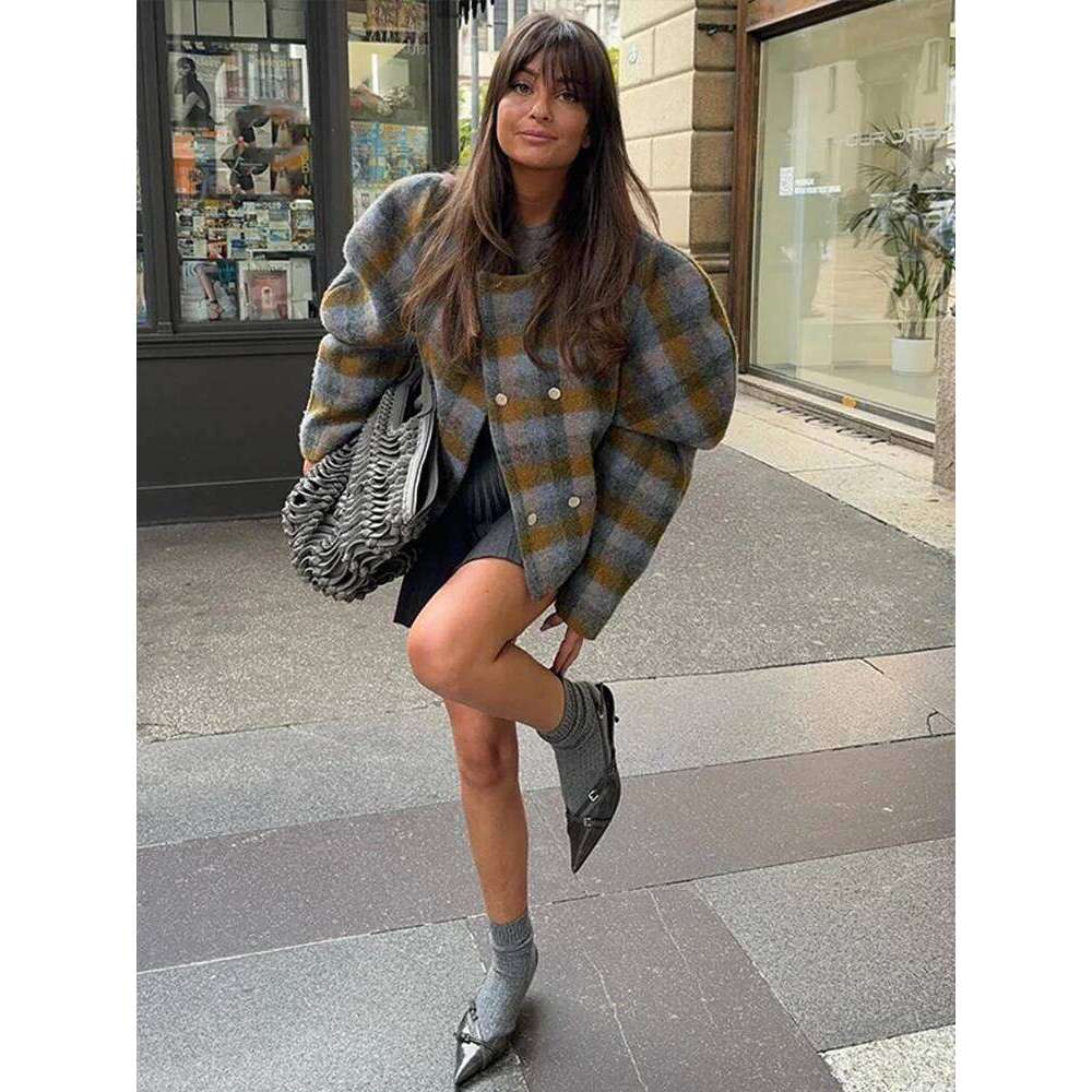Plaid Round Neck Women Short Jacket Elegant Oversize Full Sleeves Double Breasted Coat New Fall Winter Commute Outcoat Top
