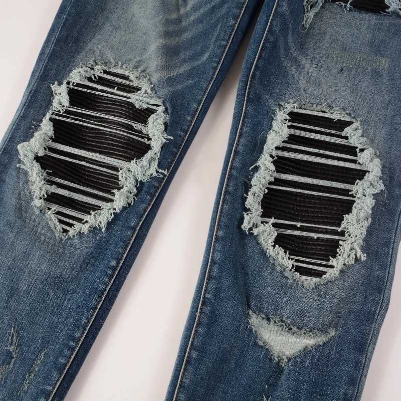 Men Leather Patch Biker Jeans Skinny Tapered Stretch Denim Blue Pants Streetwear Patchwork with Holes and Ripped Trousers X250718