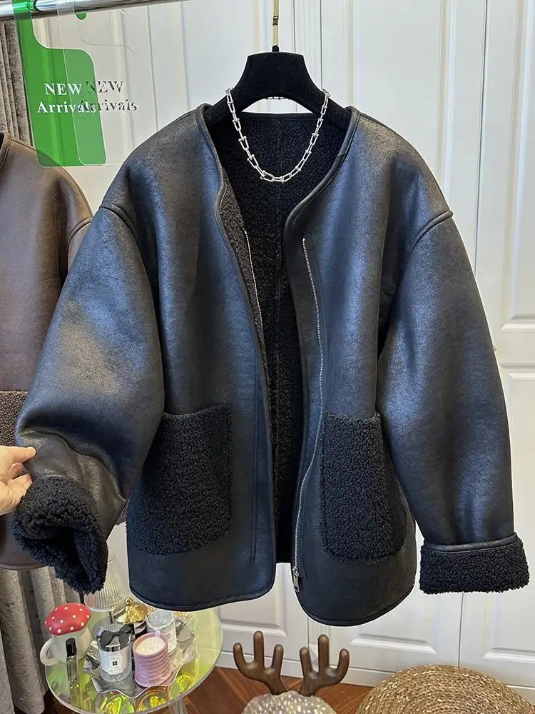 Womens Jacket Winter Warm Thicken Retro Coat Fashion Casual Loose Vintage Women Coats Round Neck Outerwears 250715