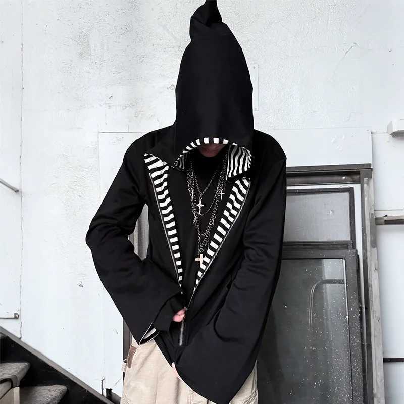 2K Fashion Trend Hoodie Black White Horizontal Striped Pointed Hood Design Zip Hoodie Gothic Men Women Punk Casual Streetwear X2507181
