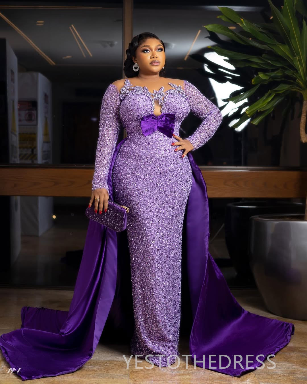 2025 Plus Size Light Purple Aso Ebi Prom Dress Mermaid Prom Dresess Evening Formal Gowns Sheer Neck Sequin Lace Birthday Second Reception Gown For Bla