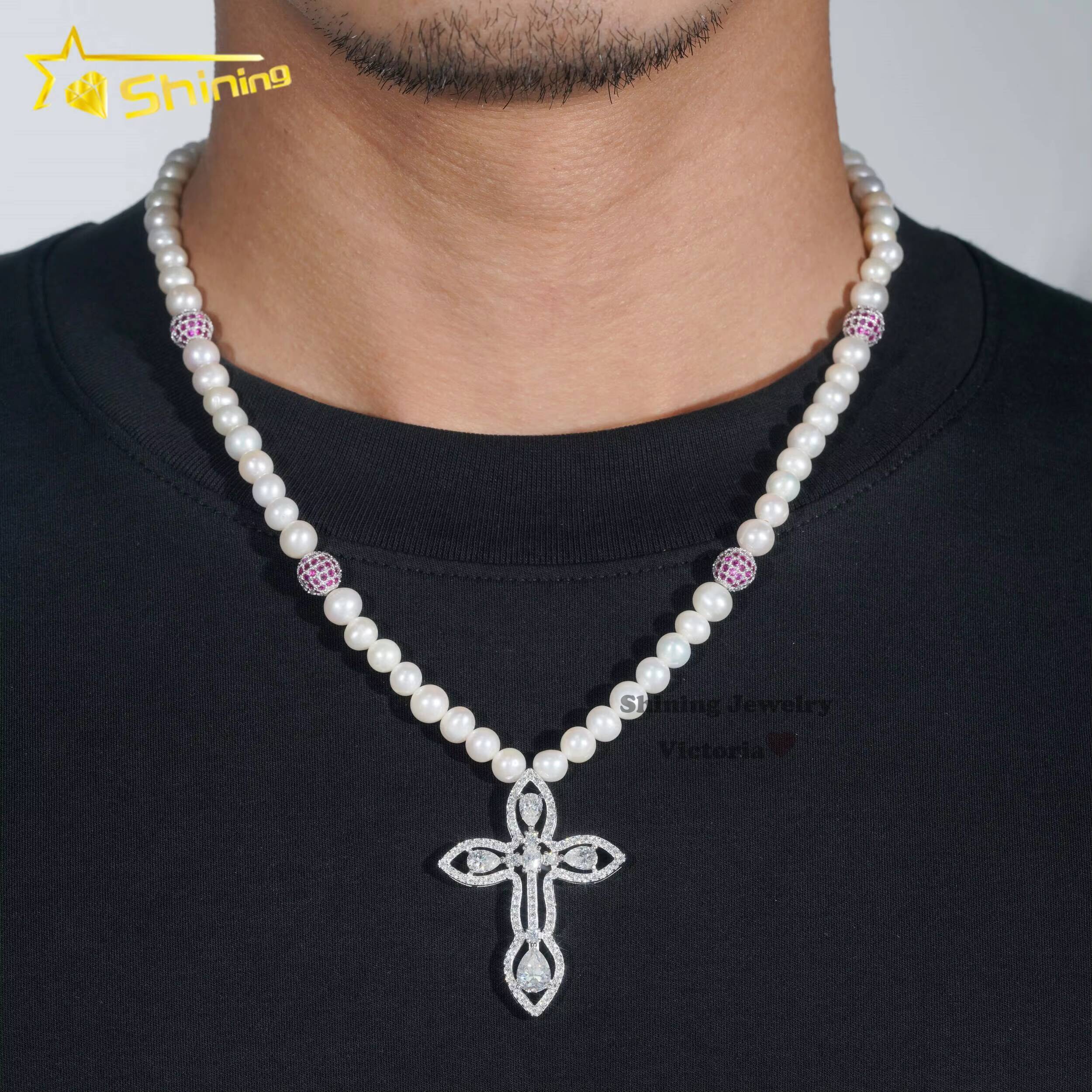 Luxury Men Women Hip Hop Iced Out Fine Jewelry 3MM Lab Diamond 925 Silver Moissanite Tennis Chain Pearl Charm Pendant Necklace