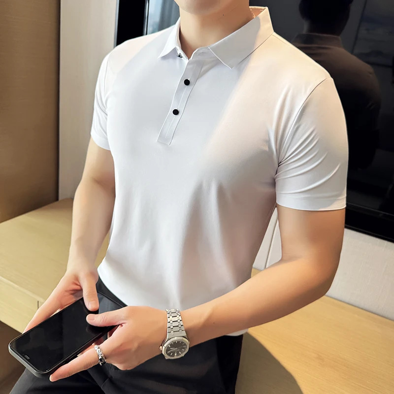 Ice Silk High Elastic Seamless T-shirt Summer Thin Polo Shirt Solid Color Polo Collar Short Sleeve Brown Top Business Leisure 250715
