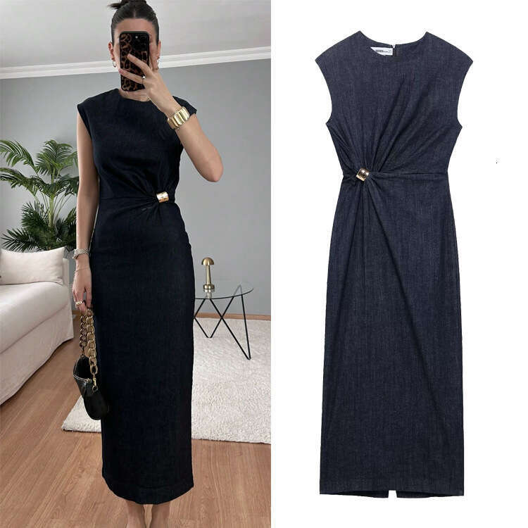 TRAFZA Spring Summer New Style Women's Fashionable Elegant Gold Embellished Denim Dress B5