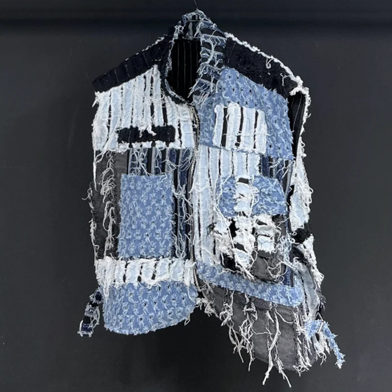 PFHQ Summer Mens Worn Out Denim Vest High Quality Patchwork Techwear Creativity Contrast Color Motorcycle Waistcoat 21Z1136 250717