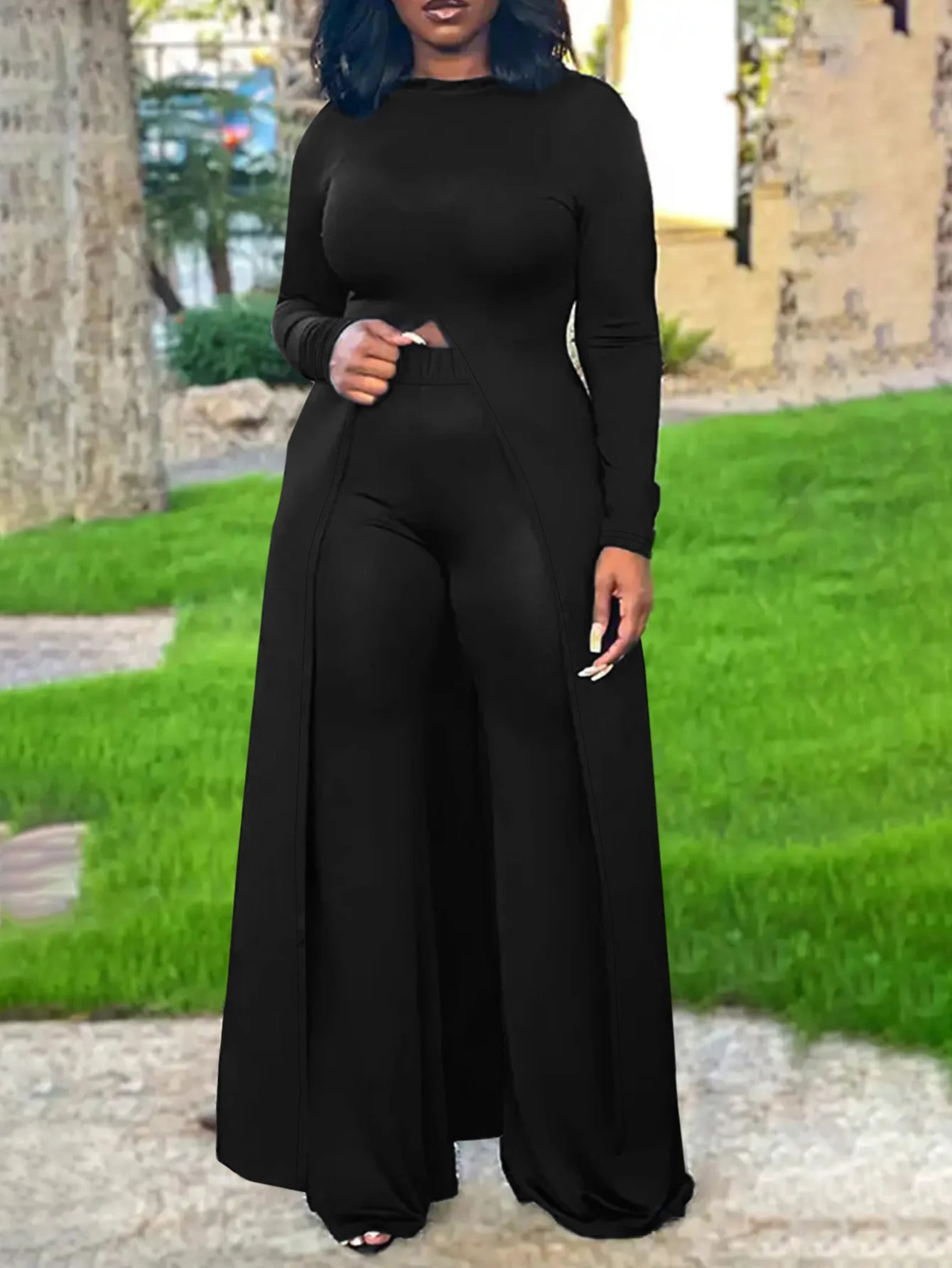 4XL 5XL LW Women Spring Elegant Office Lady BASICS Plus Size Hooded Collar Front Split Black Two Pieces Pants Set Matching Set 250714