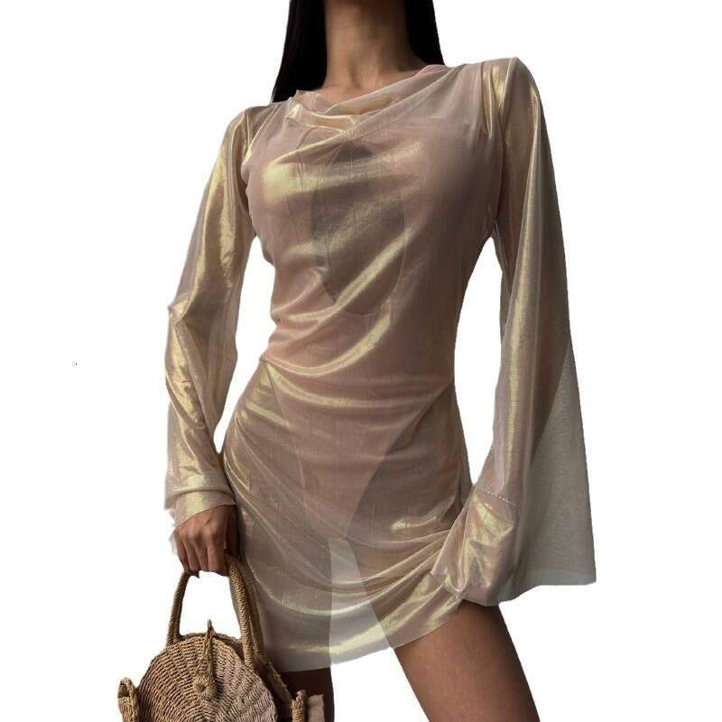 Autumn New Style Mesh Gold Stamping Fashionable Elegant Sheer Flared Long Sleeve Sexy Dress B5 g7