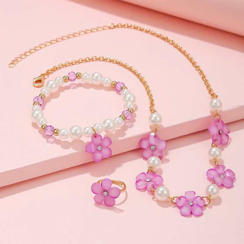 3Pcs/set Flower Charm Chain Necklace with Beads Bracelet Ring Jewelry Set for Girls Daughter Party Birthday Gift X2507181