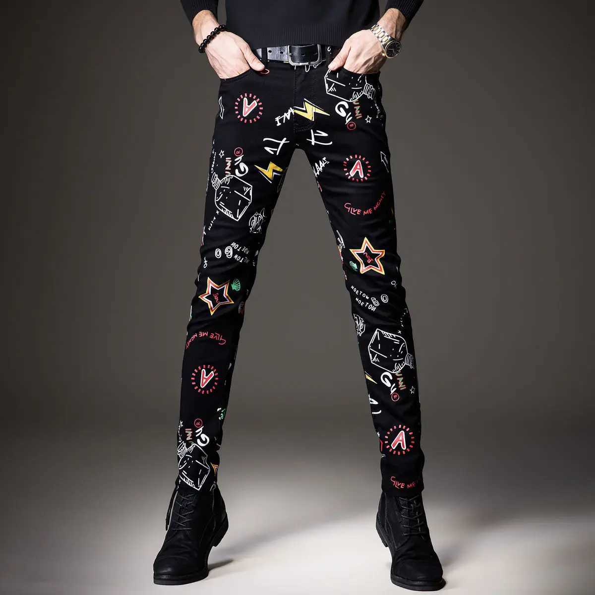 Luxury Mens Denim Pants Hip Hop Graffiti Print Jeans Designer Slim Fit Trendy Black Jeans Stretch Cowboy Cotton Trousers for Men X250718