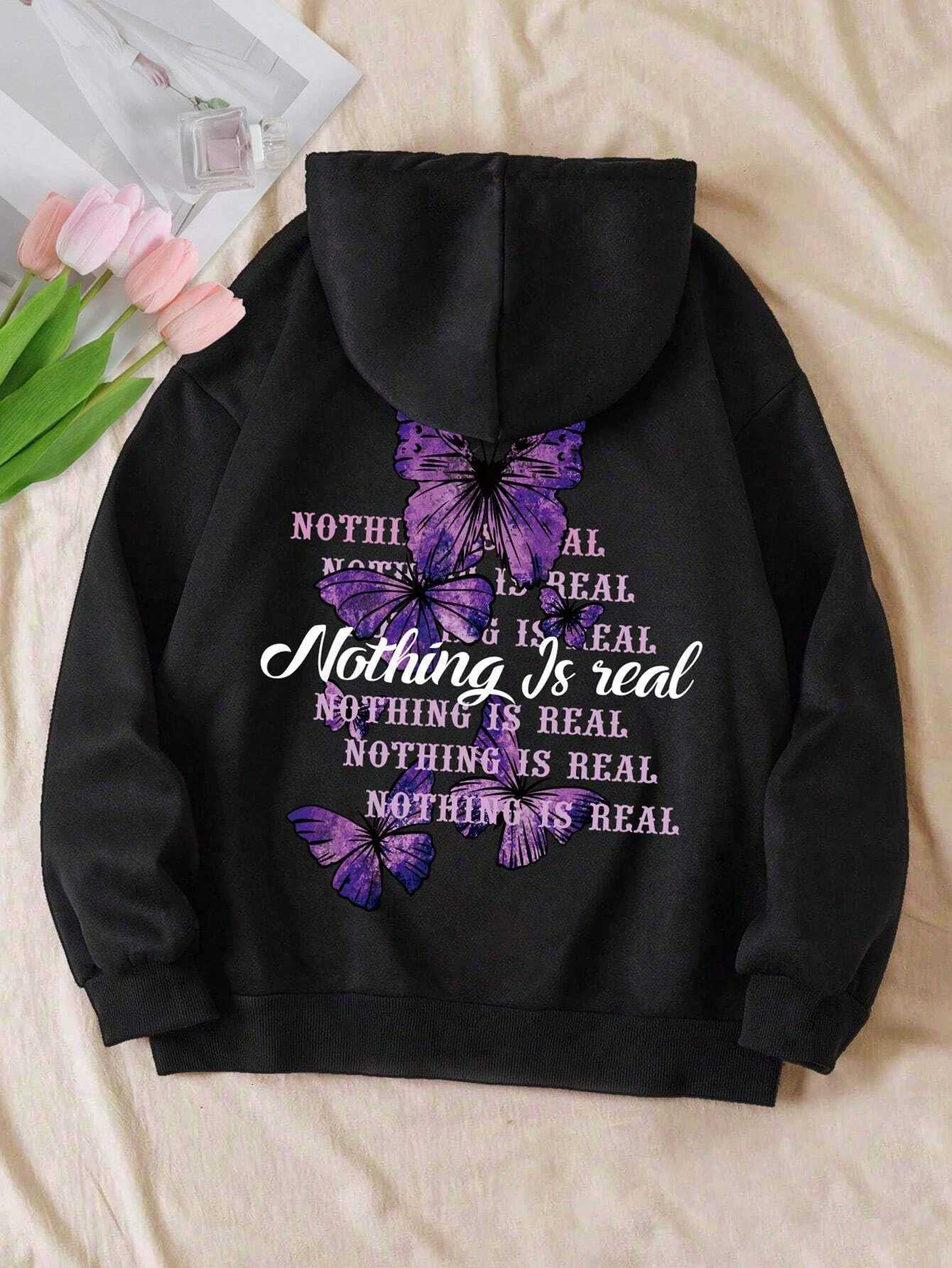 Butterfly Phrase Printing Hoodie Women Face Oversized Hoodies Warm Comfortable Hoodie Casual Pocket Drawstring Tops Fe XJ250717