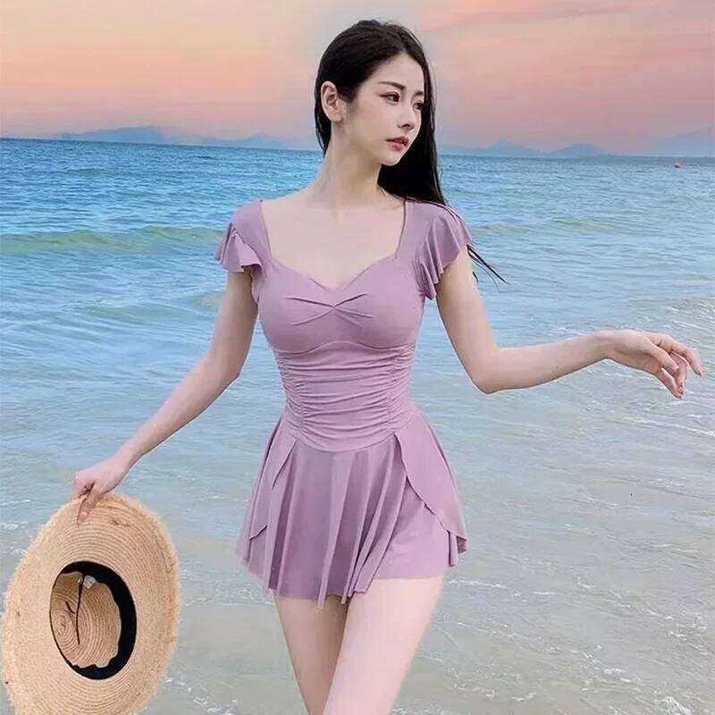 Fashion One-Piece Swimsuit Women Korean New Conservative Dress Style High Waisted Swimwear Beach Holiday Bathing Suit