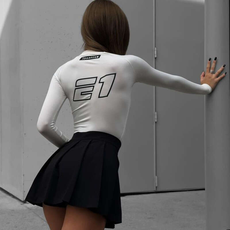 New Women's White Long Sleeve T-Shirt Slim Fit Round Neck Letter Print Top Hot Girl Motorcycle Style B5