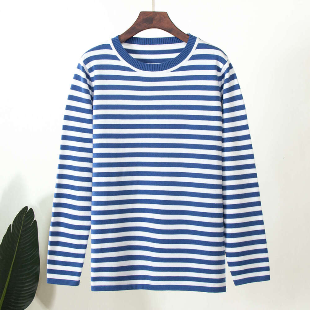 Round Neck Knitted Spring Versatile Classic Striped Pullover Sweater For Women B5