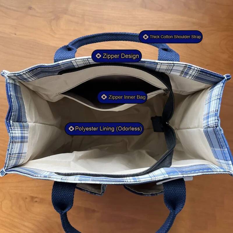 Hylhexyr Women's Thickened Canvas Handbag Grid Pattern Student Bento Lunch Box Bag Casual Tote high-quality