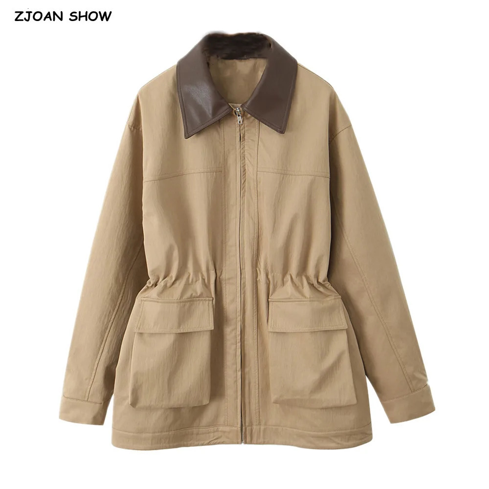 2025 Spring Women Khaki Spliced Faux Leather Lapel Safari Coat Front 2 Pockets Elastic Waist Zipper Jacket Loose Outerwear 250715