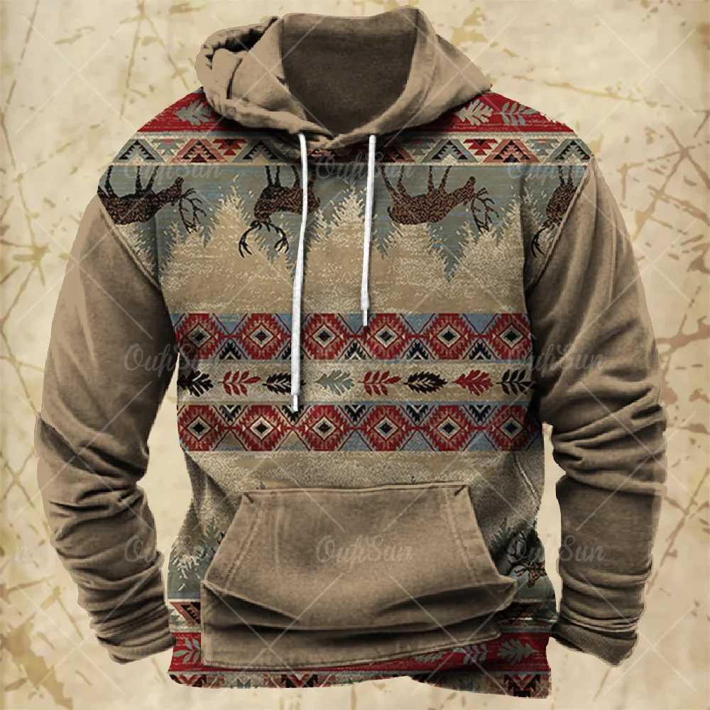 Men Hooded Vintage Print Sweatshirt Ethnic Style Hoodie Autumn and Winter Oversized Casual Mens Daily Streetwear Pullover XJ250714