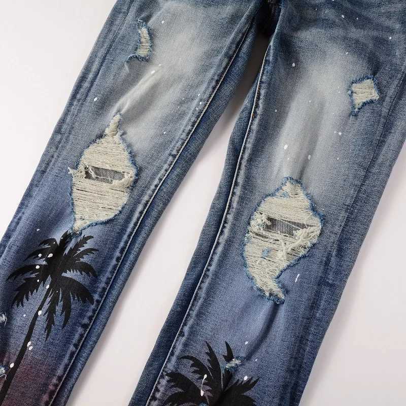 Men Coconut Palm Print Denim Jeans Streetwear Painted Skinny Tapered Stretch Pants with Holes Ripped Distressed Trousers X250718