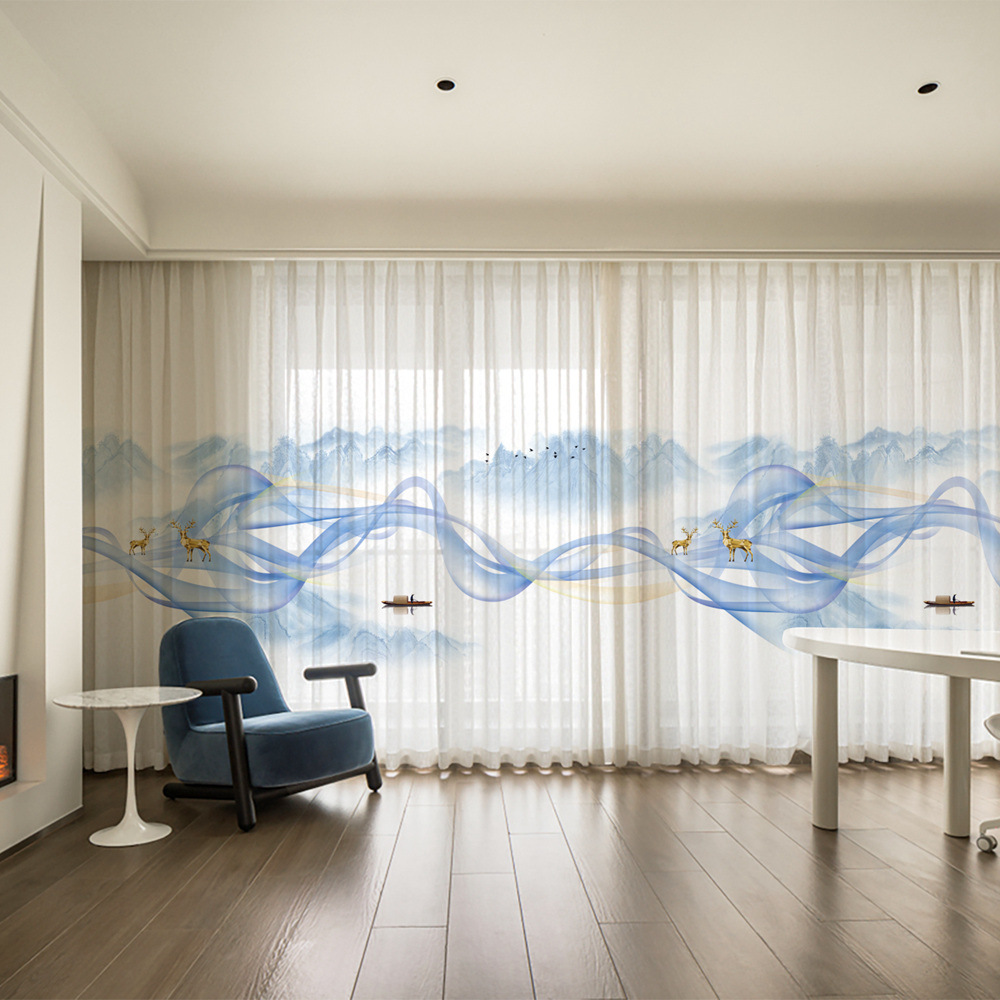 YL-36614 New Chinese style landscape painting all-match chiffon window screen living room bedroom tea house temple light-transmitting and non-transmit