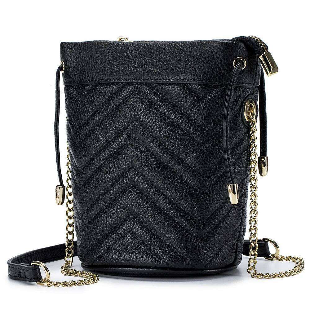 2025 New Genuine Top Grain Leather Women's - Chic Chain Strap, Striped Embroidery Soft Small Bucket Shoulder & Crossbody Bag